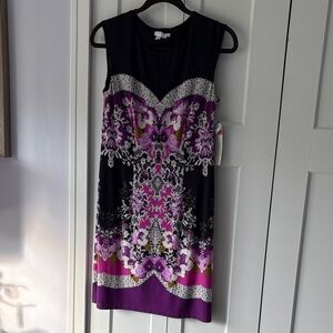 New London Times Black Purple Sleeveless Midi Dress Small size 6 Stretch Comfy